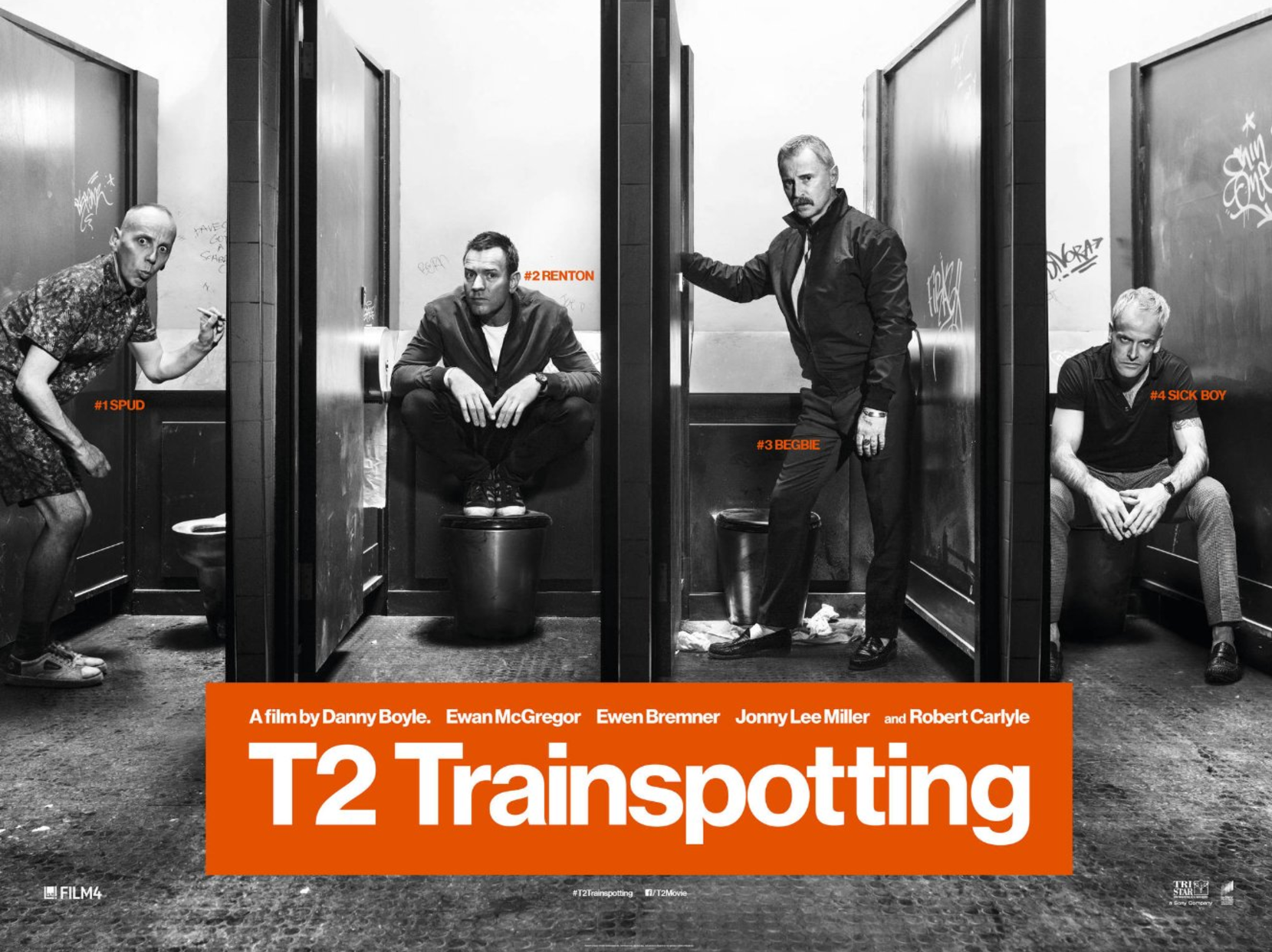 Poster of T2 Trainspotting with all the actors in toilets on it